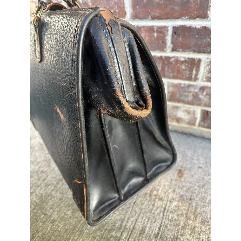 Antique Doctor Bag Physicians Black Pebble Grain Leather Art Deco Brass MCM Vtg